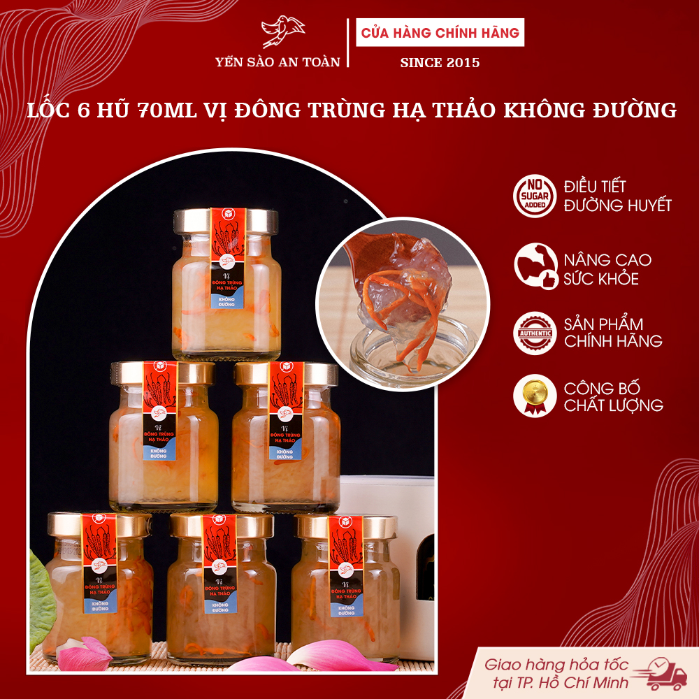2026 - Lốc 6 lọ yến 70ml vị ĐÔNG TRÙNG HẠ THẢO KHÔNG ĐƯỜNG