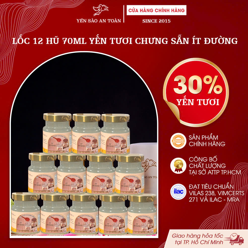 2026 - Hộp thanh lịch 12 lọ yến 70ml vị đường phèn, dòng ít đường