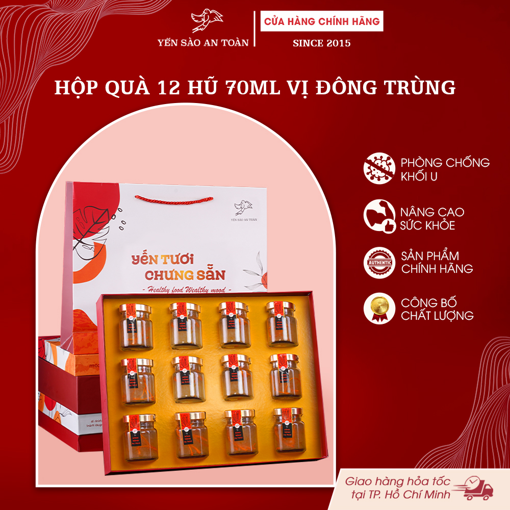 2026 - Hộp quà 12 lọ yến 70ml vị Đông Trùng Hạ Thảo