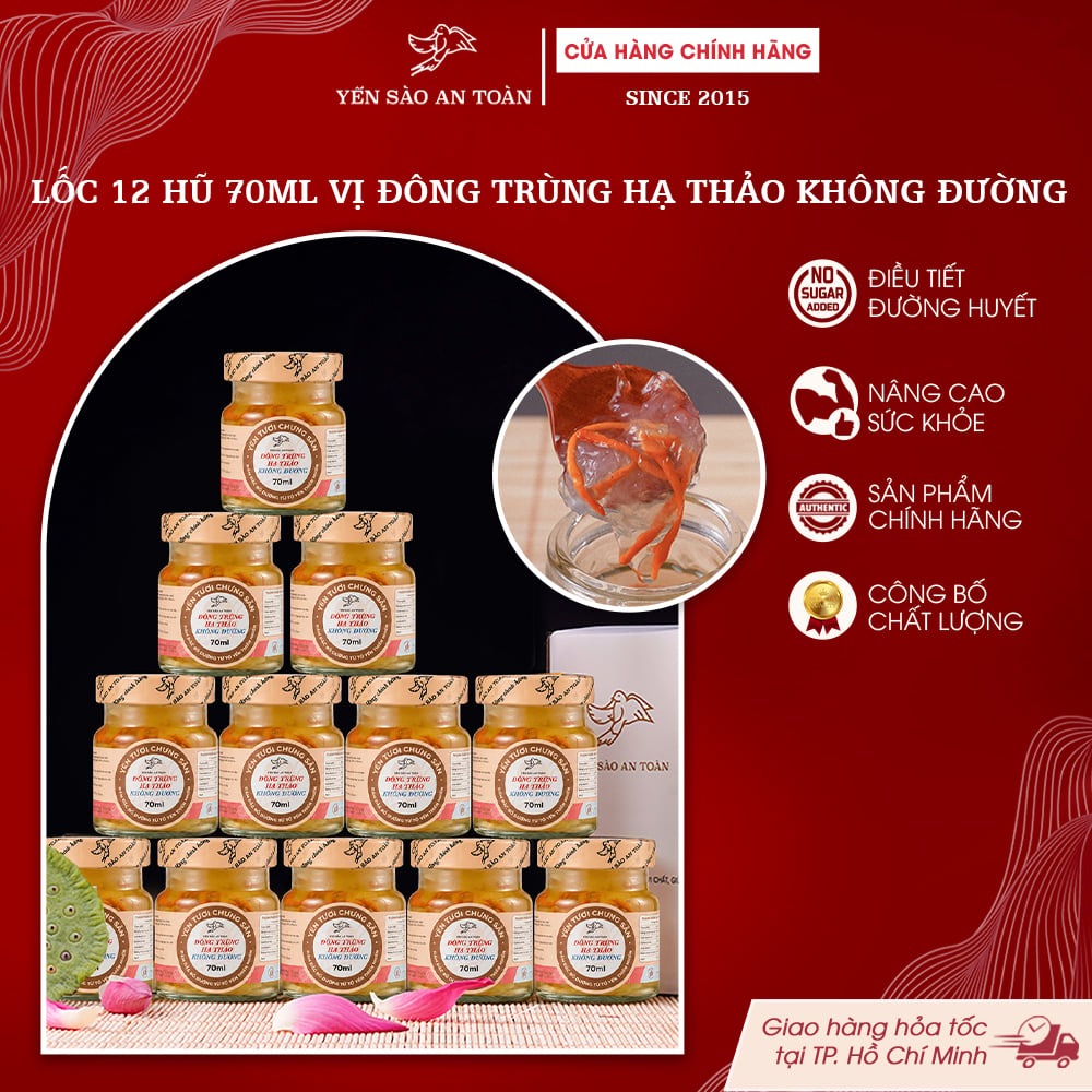 2026 - Lốc thanh lịch 12 lọ yến 70ml VỊ ĐÔNG TRÙNG HẠ THẢO KHÔNG ĐƯỜNG