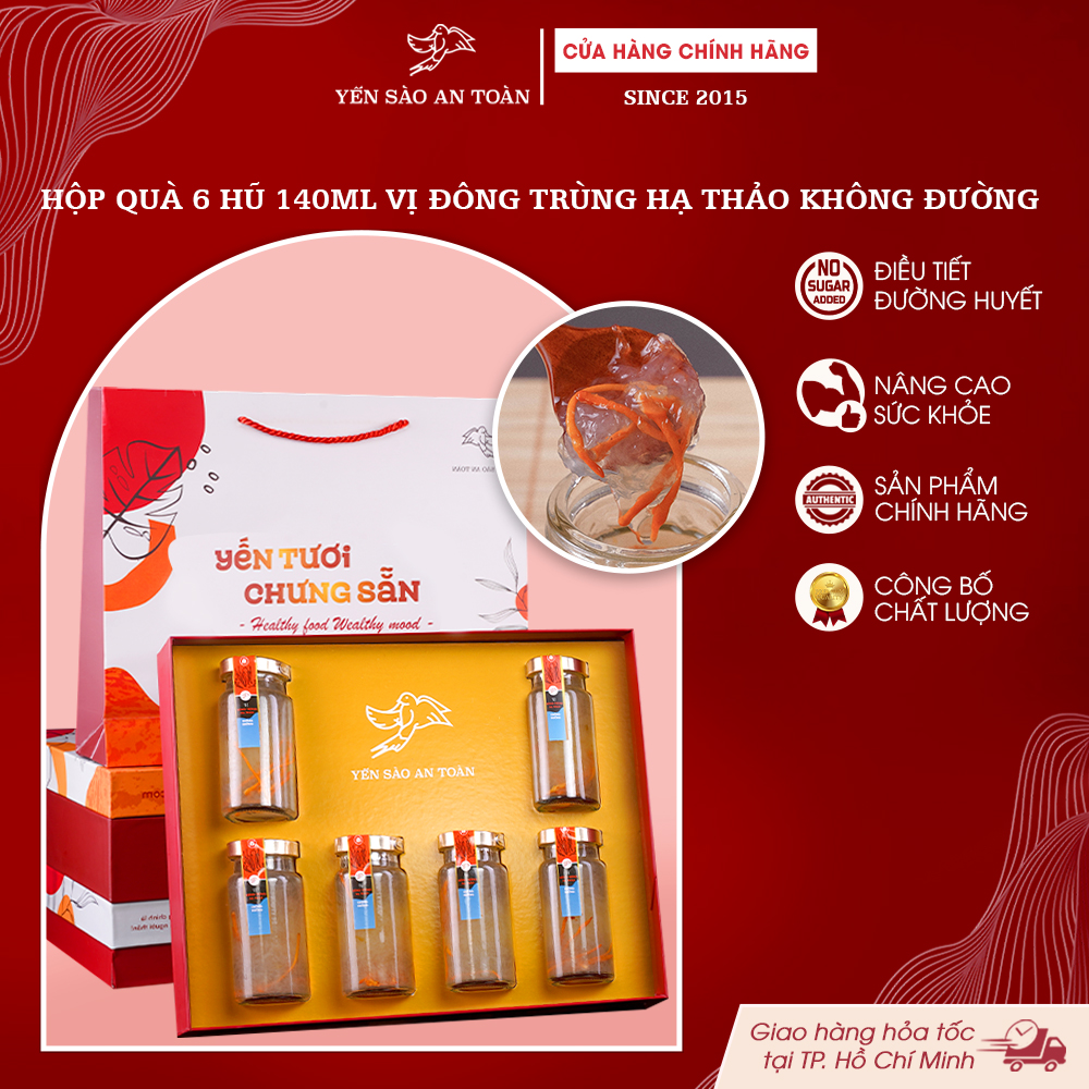 2026 - Hộp quà 6 lọ Yến 140ml Yến chưng vị Đông Trùng Hạ Thảo Không Đường