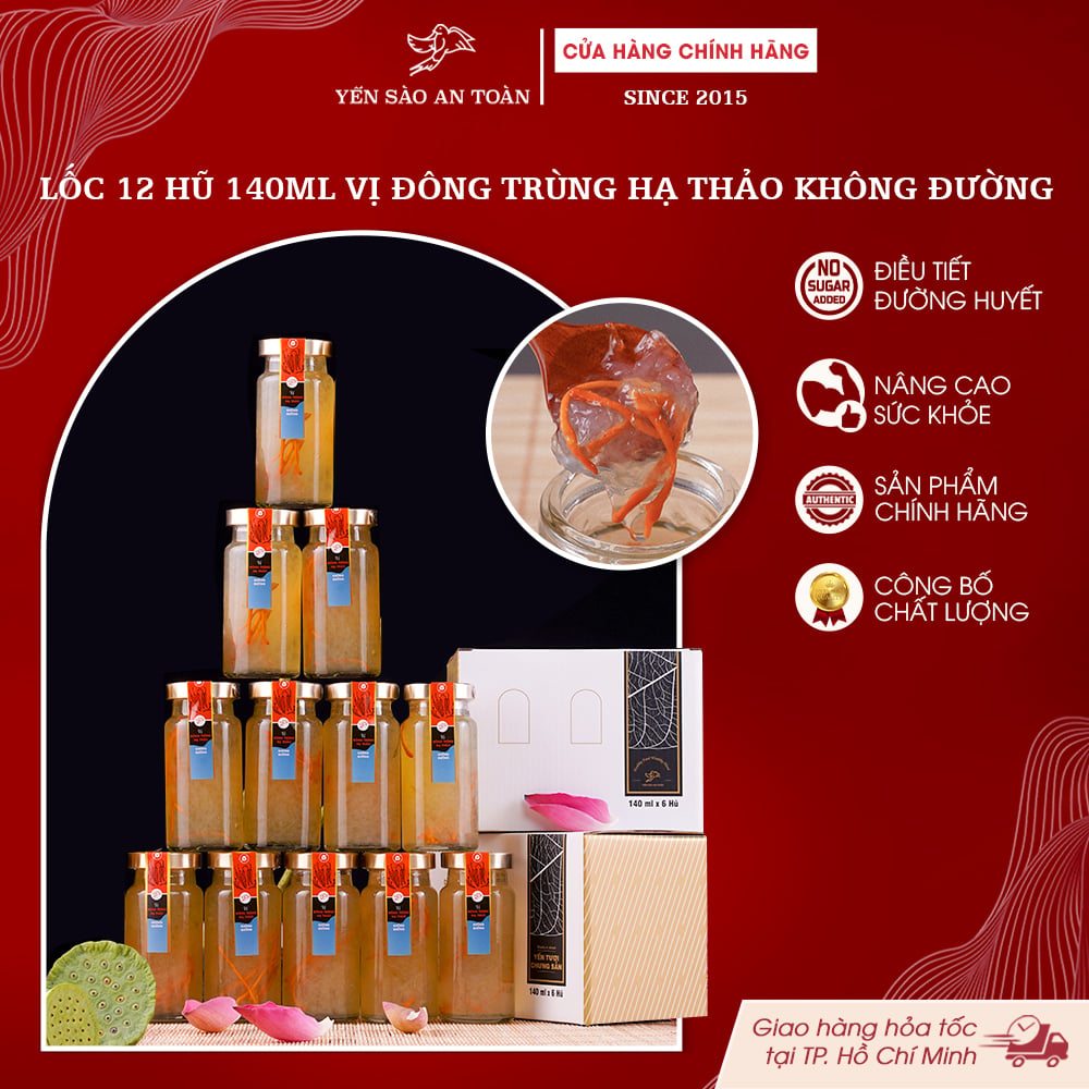 2026 - Lốc thanh lịch 12 lọ yến 140ml vị ĐÔNG TRÙNG HẠ THẢO KHÔNG ĐƯỜNG