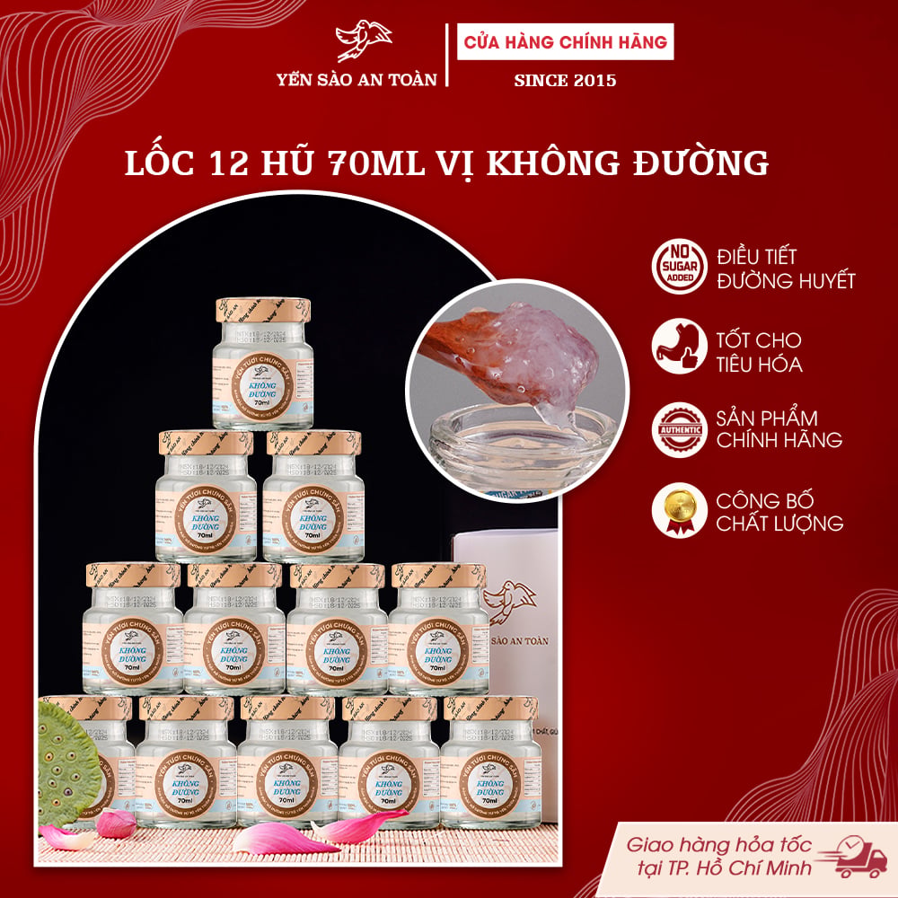 2026 - Lốc thanh lịch 12 lọ yến 70ml TRUYỀN THỐNG, VỊ KHÔNG ĐƯỜNG