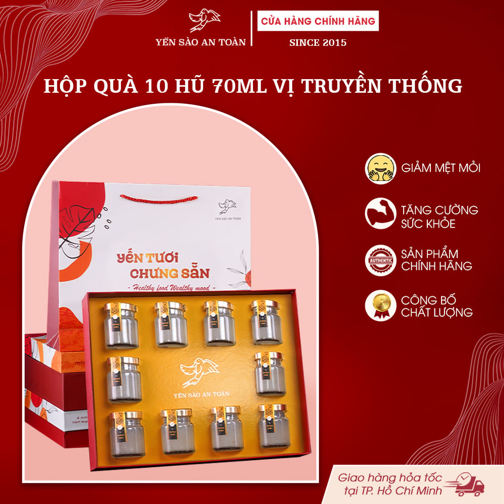 2026 - Hộp quà 10 lọ yến 70ml truyền thống, vị đường phèn