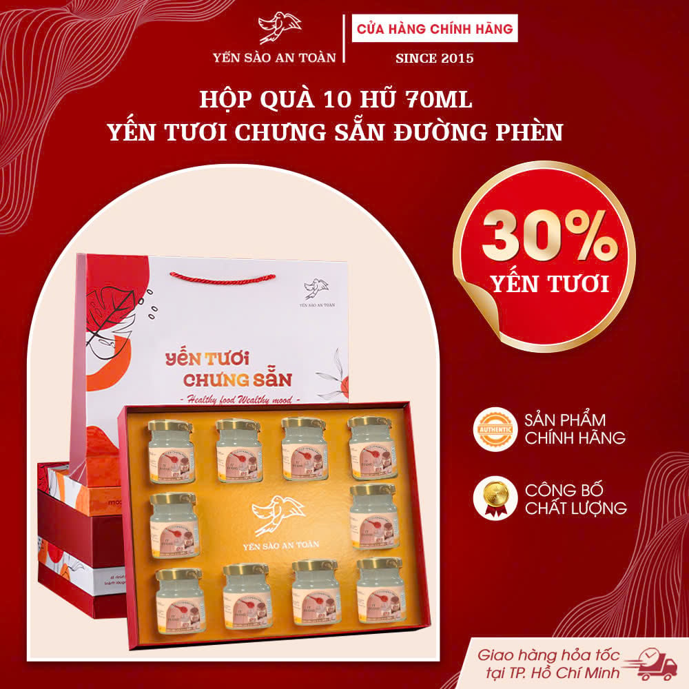 2026 - Hộp quà 10 lọ yến 70ml vị đường phèn, dòng ít đường