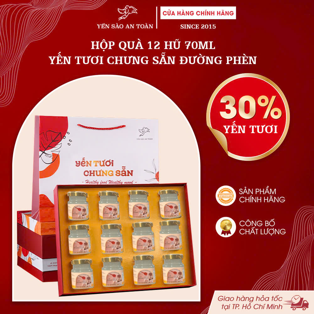 2026 - Hộp quà 12 lọ yến 70ml vị đường phèn, dòng ít đường