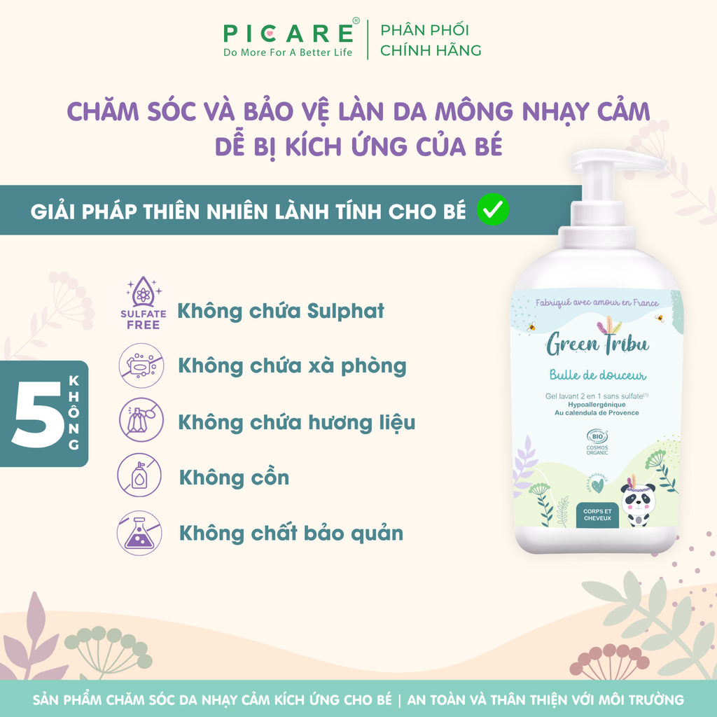 Gel tắm gội 2 trong 1 hỗ trợ da nhạy cảm, dễ kích ứng cho bé Green Tribu Bulle de douceur 500ml