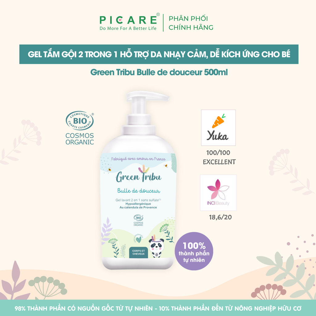 Gel tắm gội 2 trong 1 hỗ trợ da nhạy cảm, dễ kích ứng cho bé Green Tribu Bulle de douceur 500ml