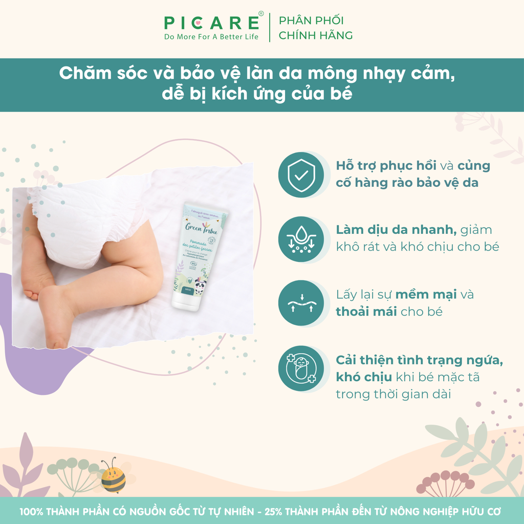 Kem dưỡng ẩm làm dịu da hỗ trợ giảm ngứa và kích ứng cho bé Green Tribu Pommade des petites fesses 75ml