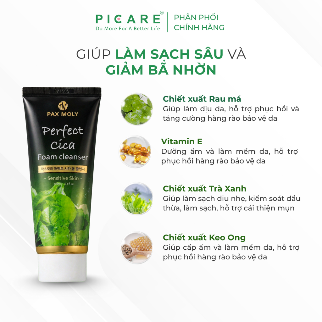 Sữa rửa mặt tạo bọt Rau má giúp làm sạch sâu và giảm bã nhờn Pax Moly Perfect Cica Foam Cleanser 100ml