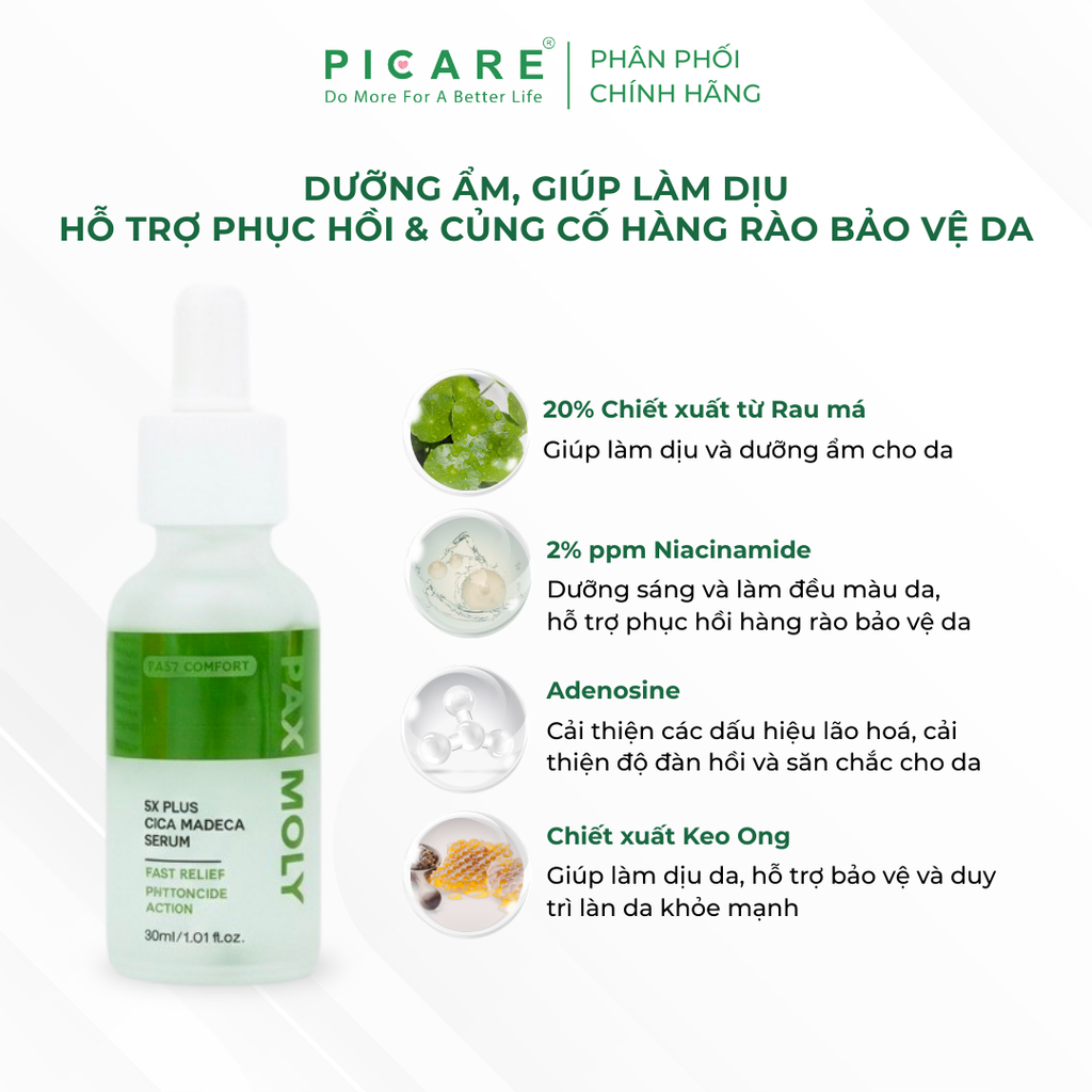 Tinh chất Rau má giúp làm dịu, dưỡng ẩm và hỗ trợ phục hồi da Pax Moly 5x Plus Cica Madeca Serum 30ml