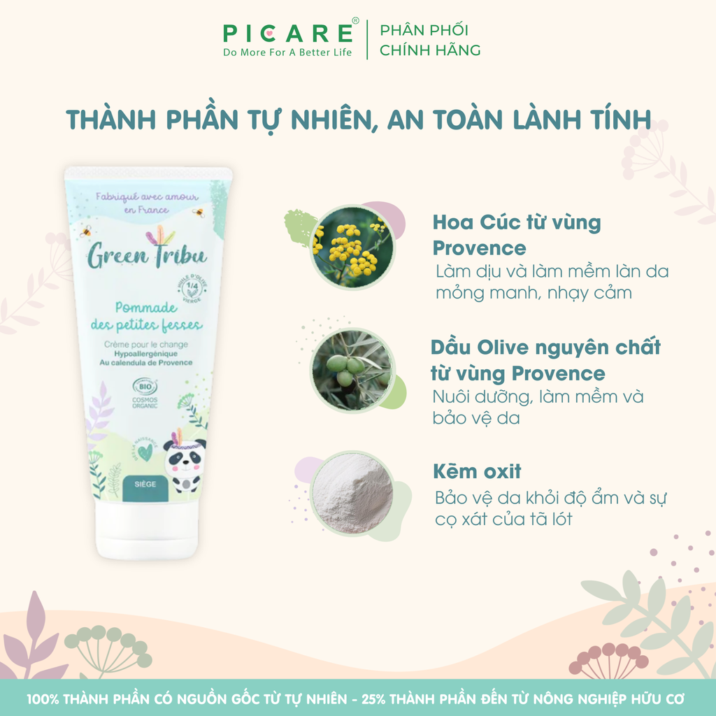 Kem dưỡng ẩm làm dịu da hỗ trợ giảm ngứa và kích ứng cho bé Green Tribu Pommade des petites fesses 75ml