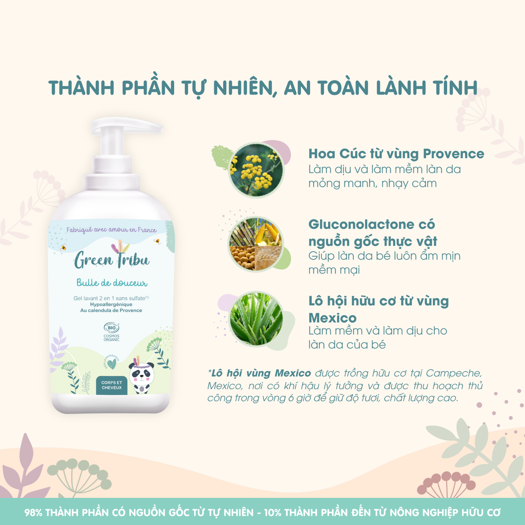 Gel tắm gội 2 trong 1 hỗ trợ da nhạy cảm, dễ kích ứng cho bé Green Tribu Bulle de douceur 500ml