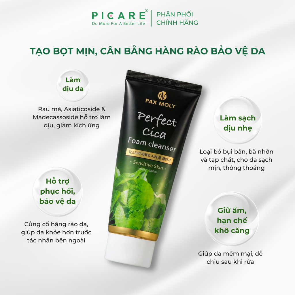 Sữa rửa mặt tạo bọt Rau má giúp làm sạch sâu và giảm bã nhờn Pax Moly Perfect Cica Foam Cleanser 100ml