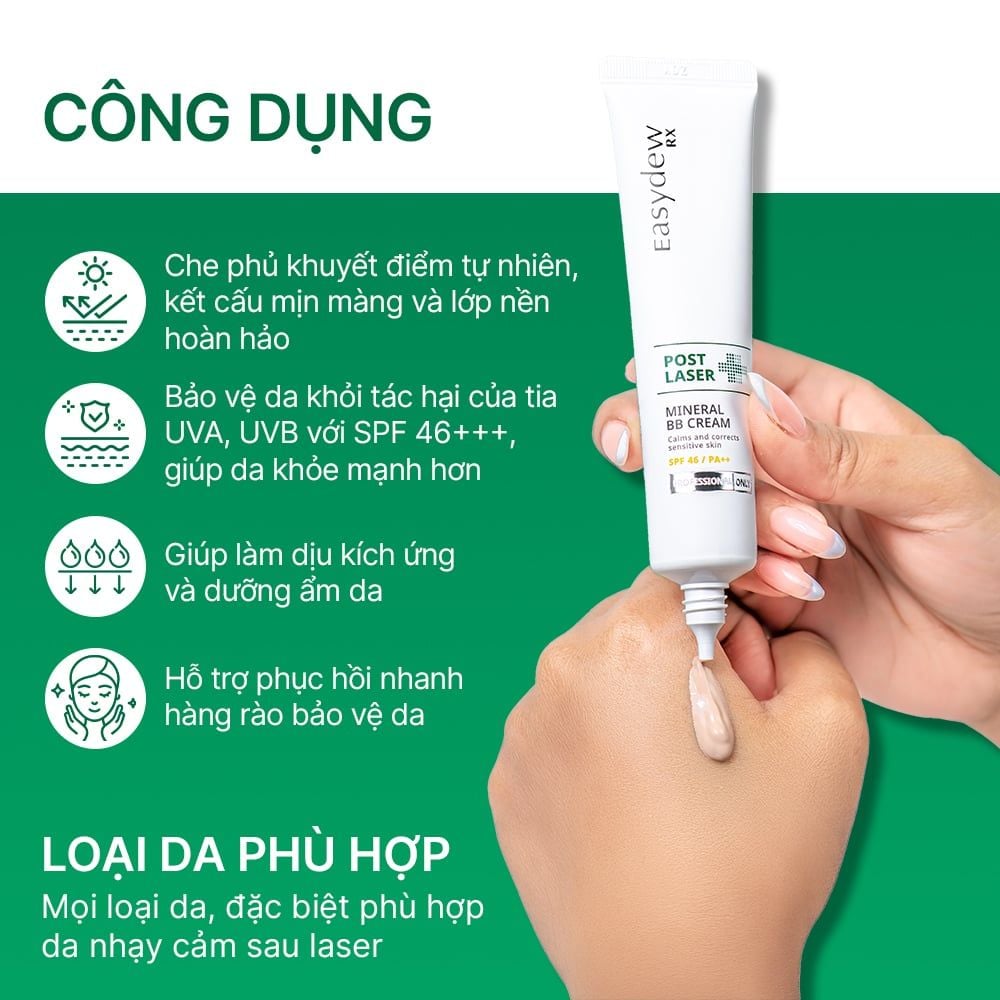 Kem Chống Nắng Trang Điểm Dành Cho Da Nhạy Cảm, Phục Hồi Da Sau Tổn Thương Easydew RX Post Laser Mineral BB Cream SPF46 40ML