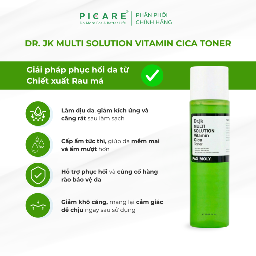 Nước hoa hồng rau má giúp làm dịu và dưỡng ẩm cho da Pax Moly Dr. JK MULTI Solution Vitamin Cica Toner 160ml