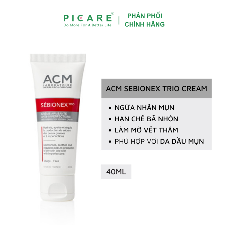 Kem Dưỡng Ẩm Dành Cho Da Mụn Giúp Ngăn Ngừa Sự Tiết Bã Nhờn ACM Sebionex Trio Anti-imperfection Soothing Cream 40ml