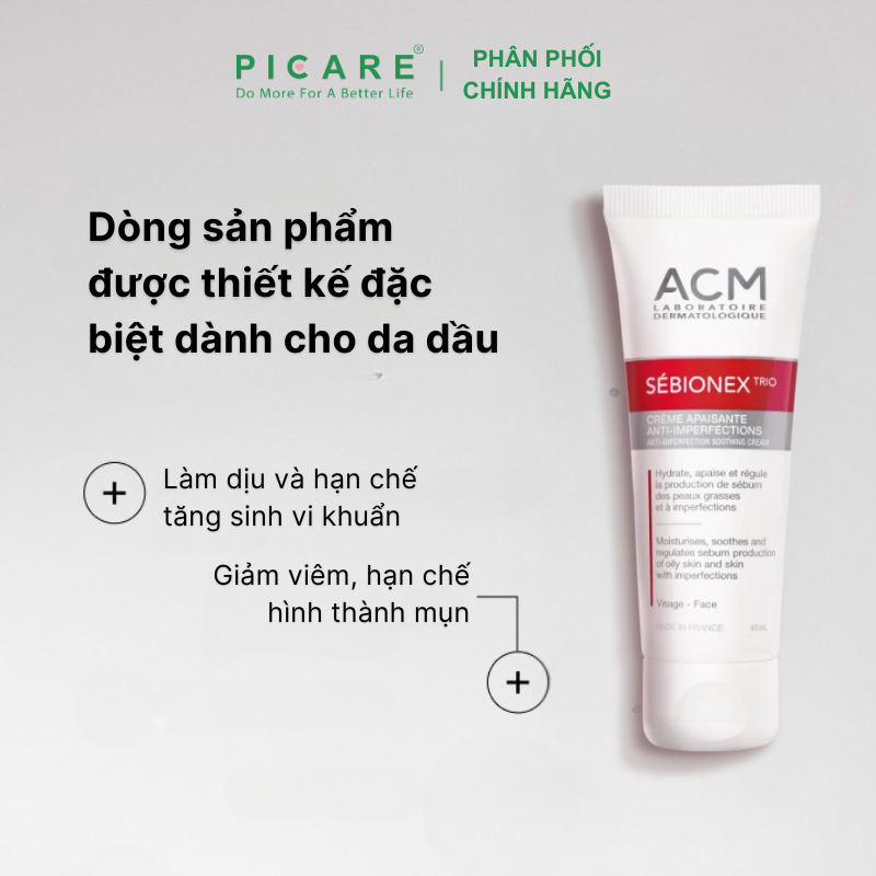 Kem Dưỡng Ẩm Dành Cho Da Mụn Giúp Ngăn Ngừa Sự Tiết Bã Nhờn ACM Sebionex Trio Anti-imperfection Soothing Cream 40ml