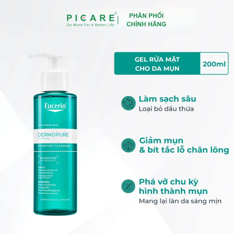 Sữa Rửa Mặt Dành Cho Da Nhờn Mụn Dạng Gel Eucerin Dermopure Clinical Cleanser 200ml