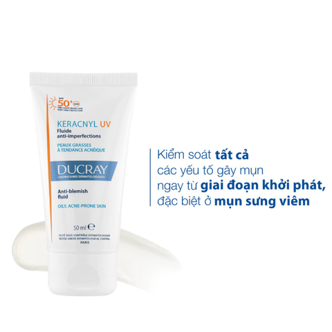 Kem chống nắng kiềm dầu cho da dầu mụn Ducray Keracnyl UV SPF50+ bảo vệ da khỏi tia UVA & UVB 50ml