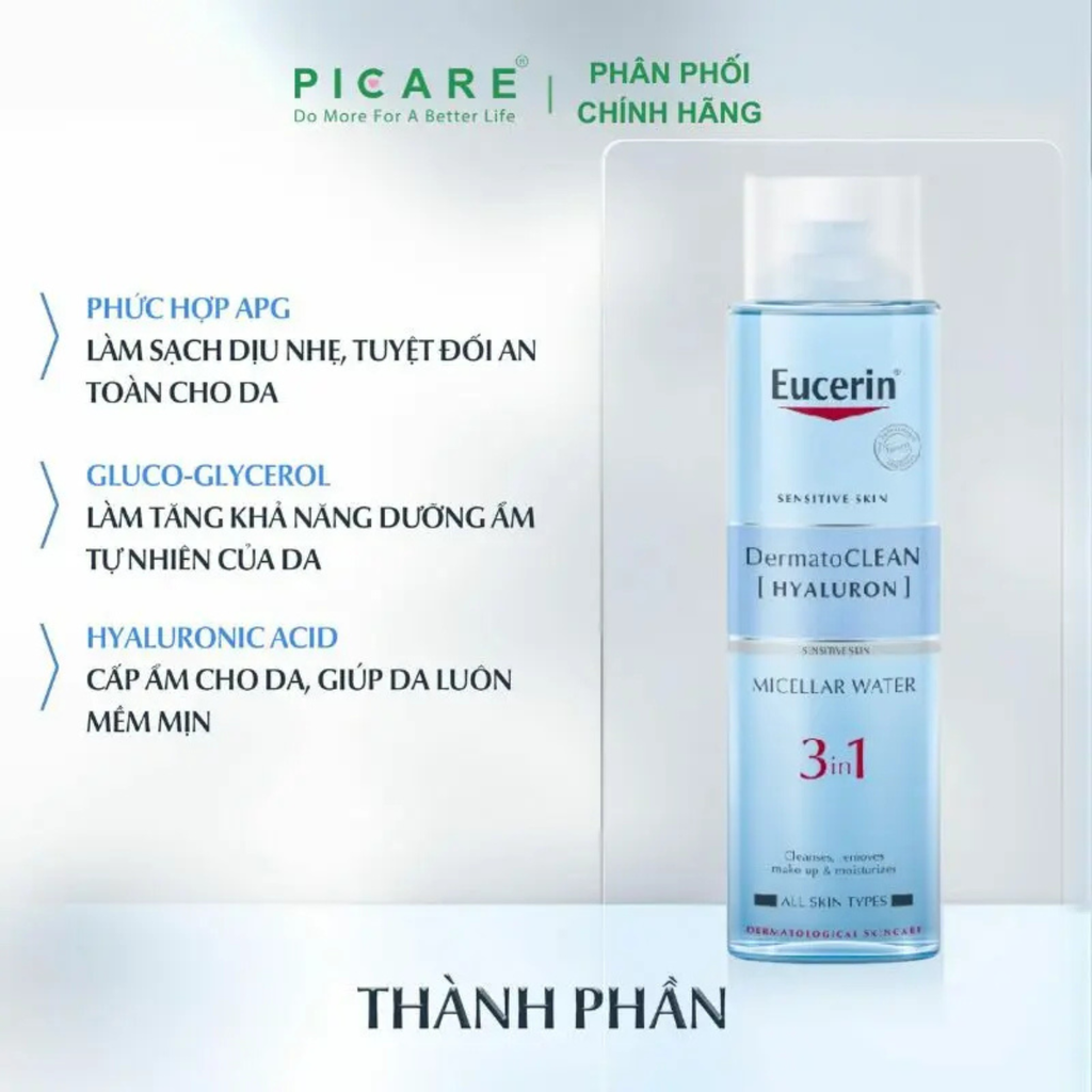 Nước tẩy trang cho da nhạy cảm Eucerin DermatoClean Hyaluron Micellar Water 3In1 200ml