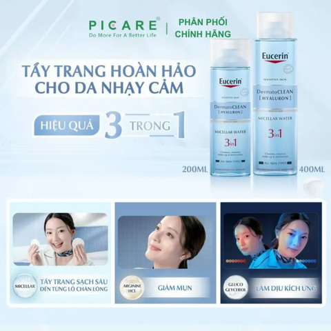 Nước tẩy trang cho da nhạy cảm Eucerin DermatoClean Hyaluron Micellar Water 3In1 200ml