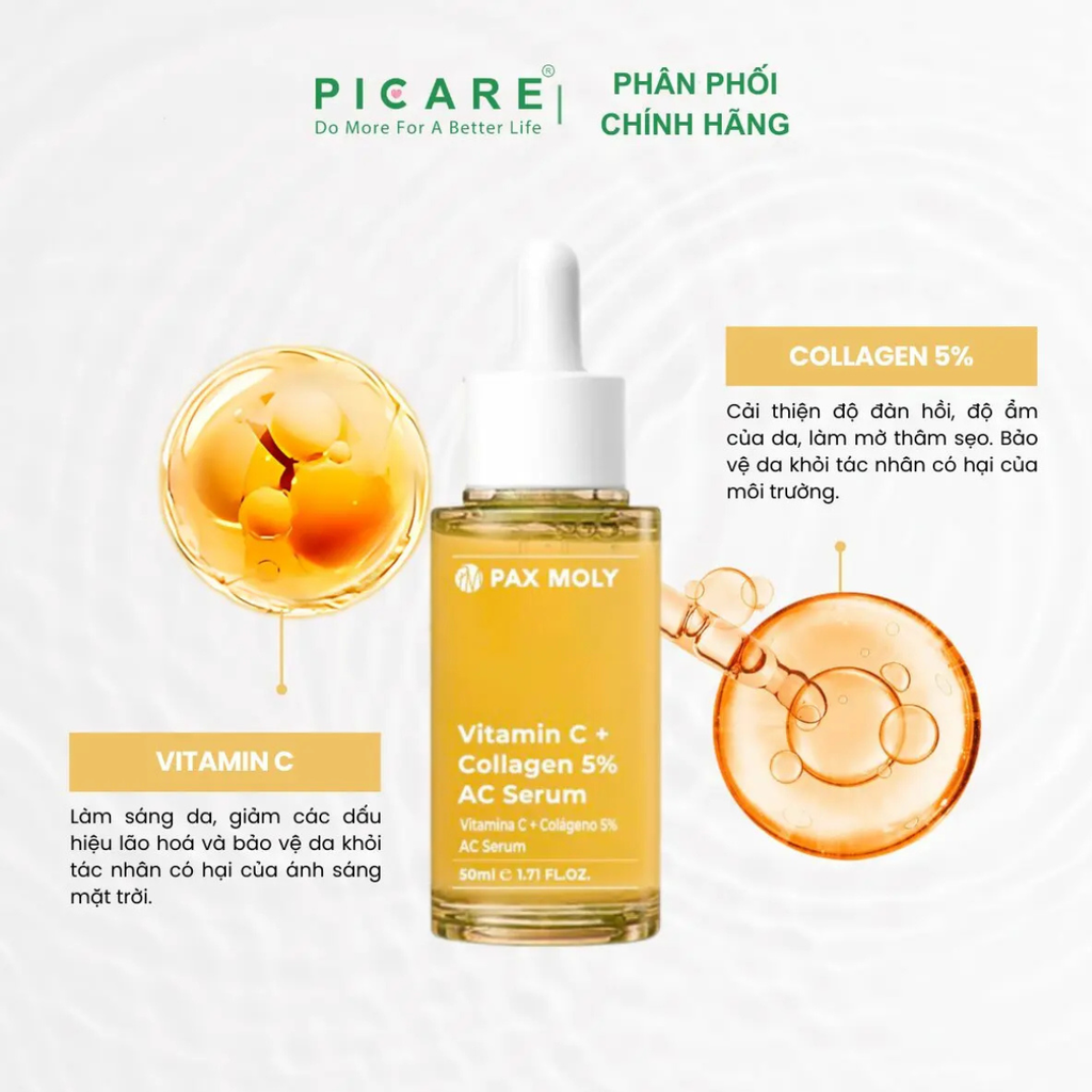Tinh chất giúp dưỡng sáng, cải thiện độ đàn hồi và dưỡng ẩm cho da PAXMOLY Vitamin C + Collagen 5% AC Serum 50ml