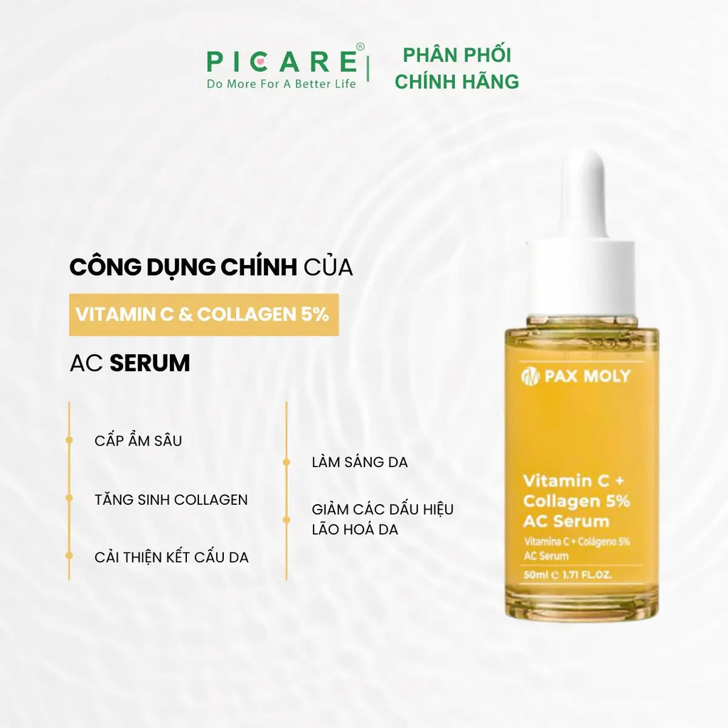 Tinh chất giúp dưỡng sáng, cải thiện độ đàn hồi và dưỡng ẩm cho da PAXMOLY Vitamin C + Collagen 5% AC Serum 50ml