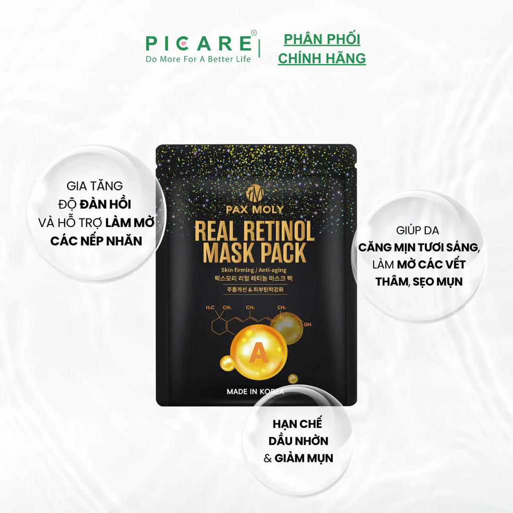 Hộp mặt nạ dưỡng ẩm tăng cường độ đàn hồi và giảm các dấu hiệu lão da Pax Moly Real Retinol Mask Pack (Hộp 10 Miếng)