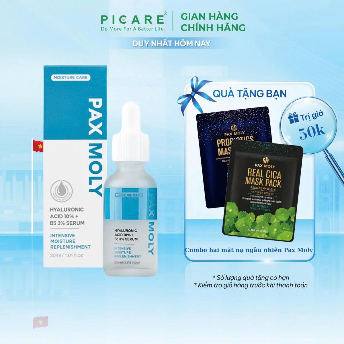 Tinh chất dưỡng ẩm hỗ trợ khôi phục làn da Pax Moly Hyaluronic Acid 10% B5 3% Serum 30ml