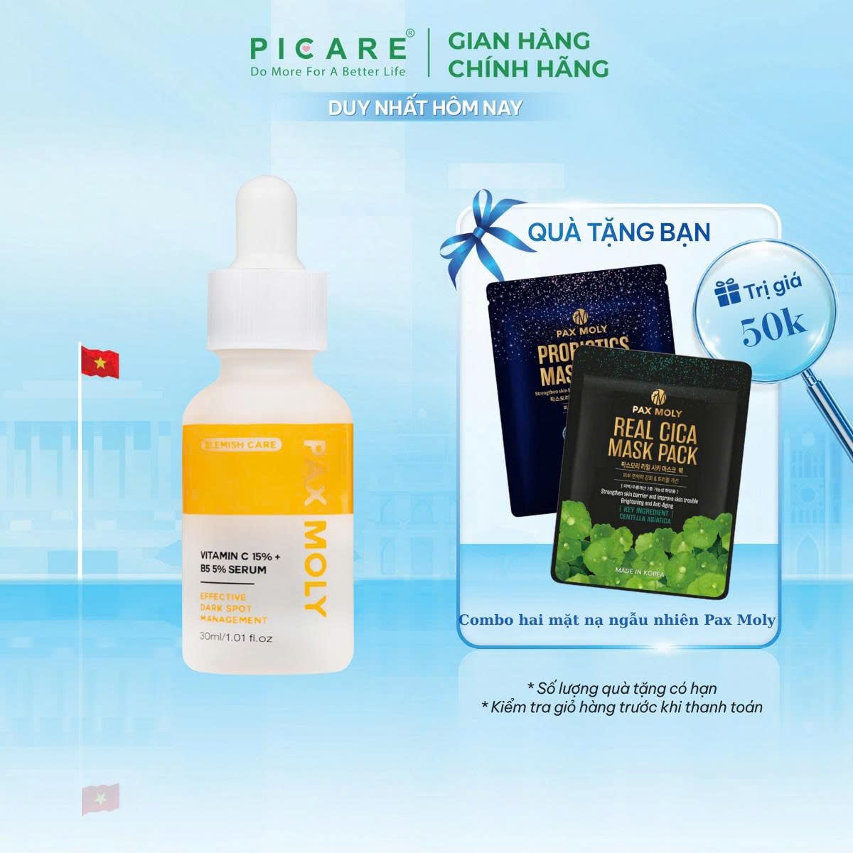 Tinh chất dưỡng trắng mờ thâm cho da xỉn màu PAX MOLY Vitamin C 15% B5 5% Serum 30ml