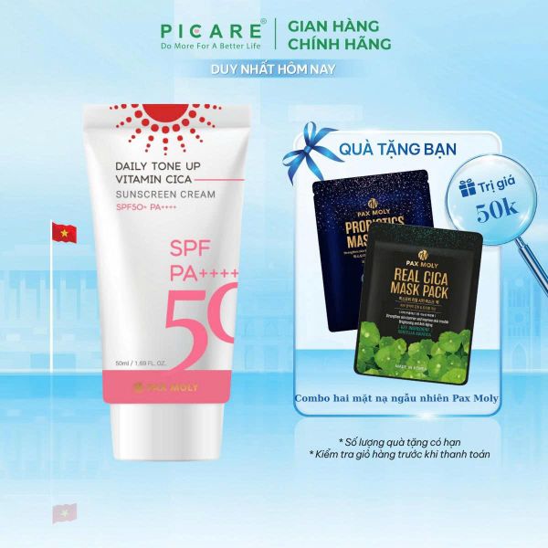 Kem chống nắng giúp nâng tone kiềm dầu chiết xuất rau má PAX MOLY Daily Tone Up Vitamin Cica Sunscreen Cream 50ml