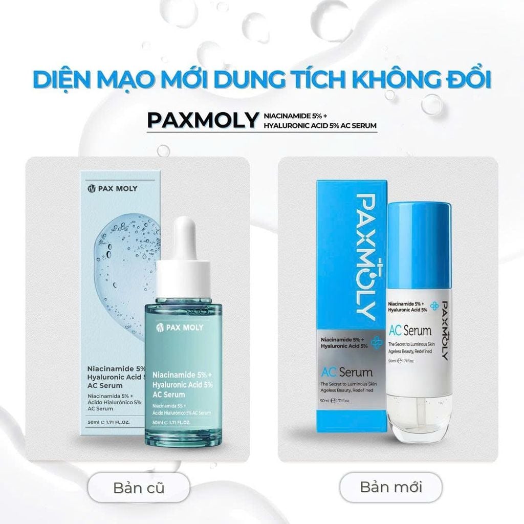 Tinh chất dưỡng ẩm và làm đều màu da PaxMoly Niacinamide 5% + Hyaluronic Acid 5% AC Serum 50ml