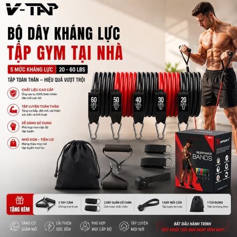 Bộ 5 dây kháng lực FED-KL2, loại 200LBS Tập Full Body Dụng Cụ Tập Gym Đa Năng Tại Nhà