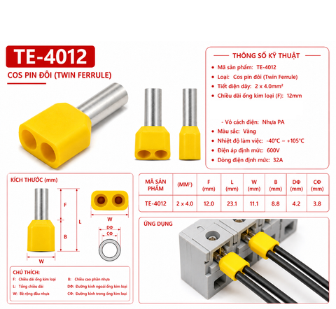 Đầu Cos Pin Rỗng Dây Đôi TE4012 (màu bất kì)
