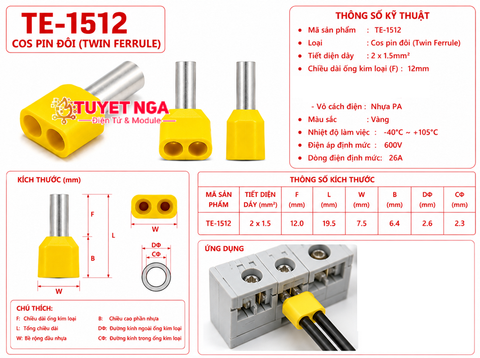 Đầu Cos Pin Rỗng Dây Đôi TE1512 (màu bất kì)