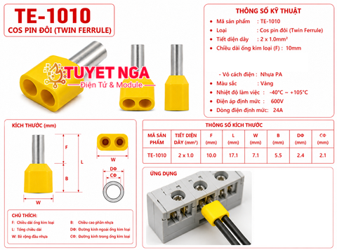 Đầu Cos Pin Rỗng Dây Đôi TE1012 (màu bất kì)