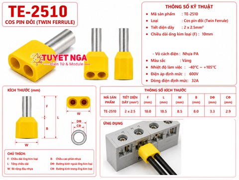 Đầu Cos Pin Rỗng Dây Đôi TE2510 (màu bất kì)