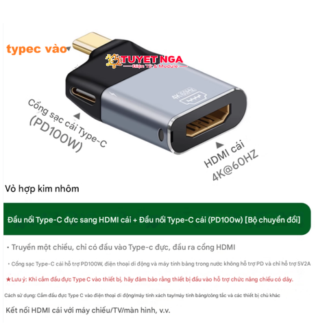Đầu Chuyển Đổi TypeC Đực Sang HDMI Cái 4K 60Hz - TypeC Cái Sạc PD 100W