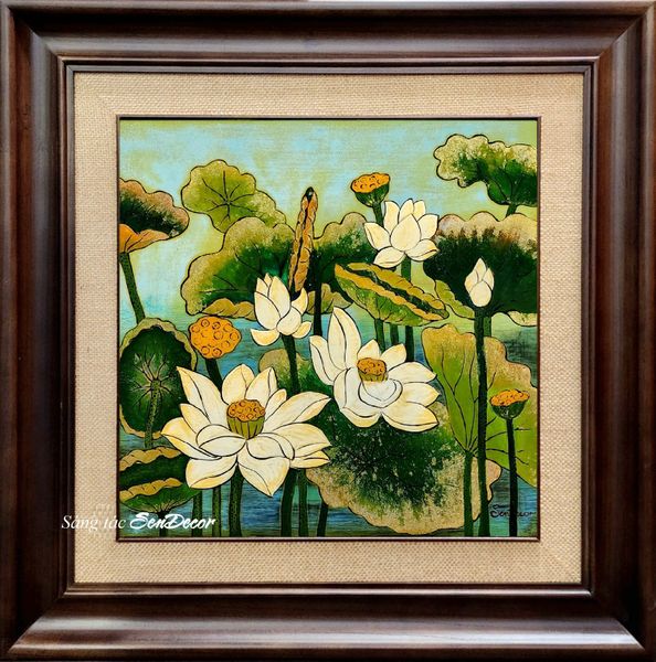 Tranh Hoa Sen sơn mài thủ công - Vuông, khổ lớn