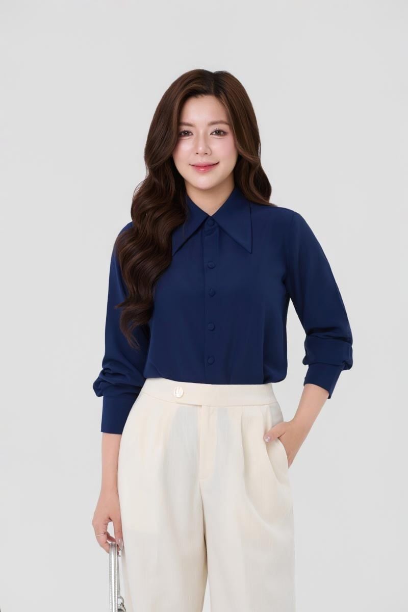 Áo sơ mi nữ công sở cổ nhọn thanh lịch Merrie Ele mã THFWSL038 màu xanh navy