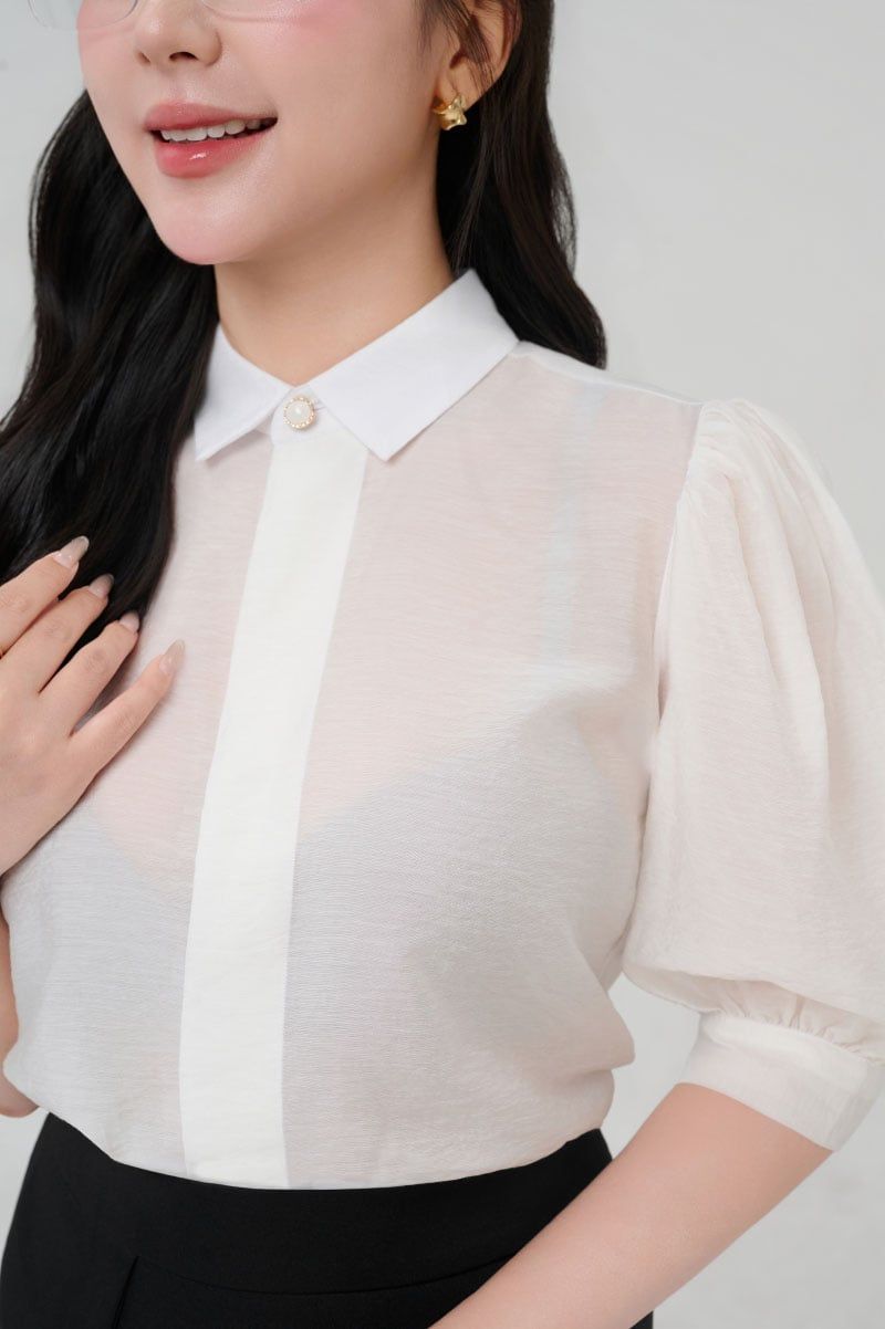 Áo sơ mi nữ cổ đức tay phồng cao cấp mã THFWSS032 màu trắng