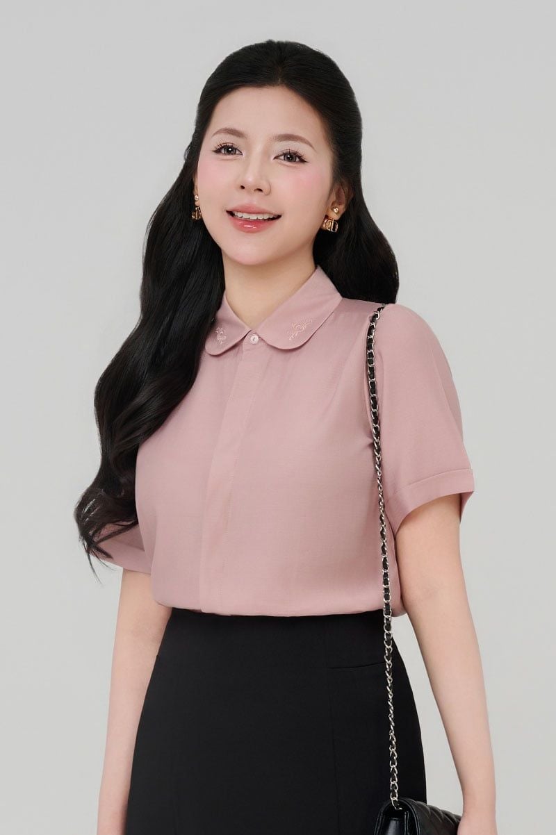 Áo sơ mi nữ cổ bầu ngắn tay mã  THFWSS037 màu hồng