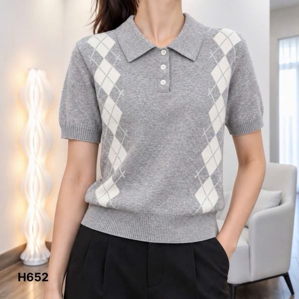 Áo len ngắn tay HT ô trám kiểu Hàn