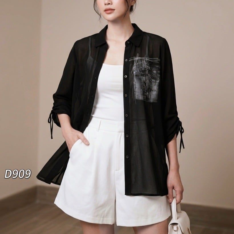 Sơ mi voan tay lửng style Hàn D909 / ĐEN