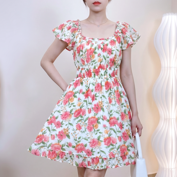 Váy ngắn tay bèo Blu Pepper / TRẮNG HOA HỒNG