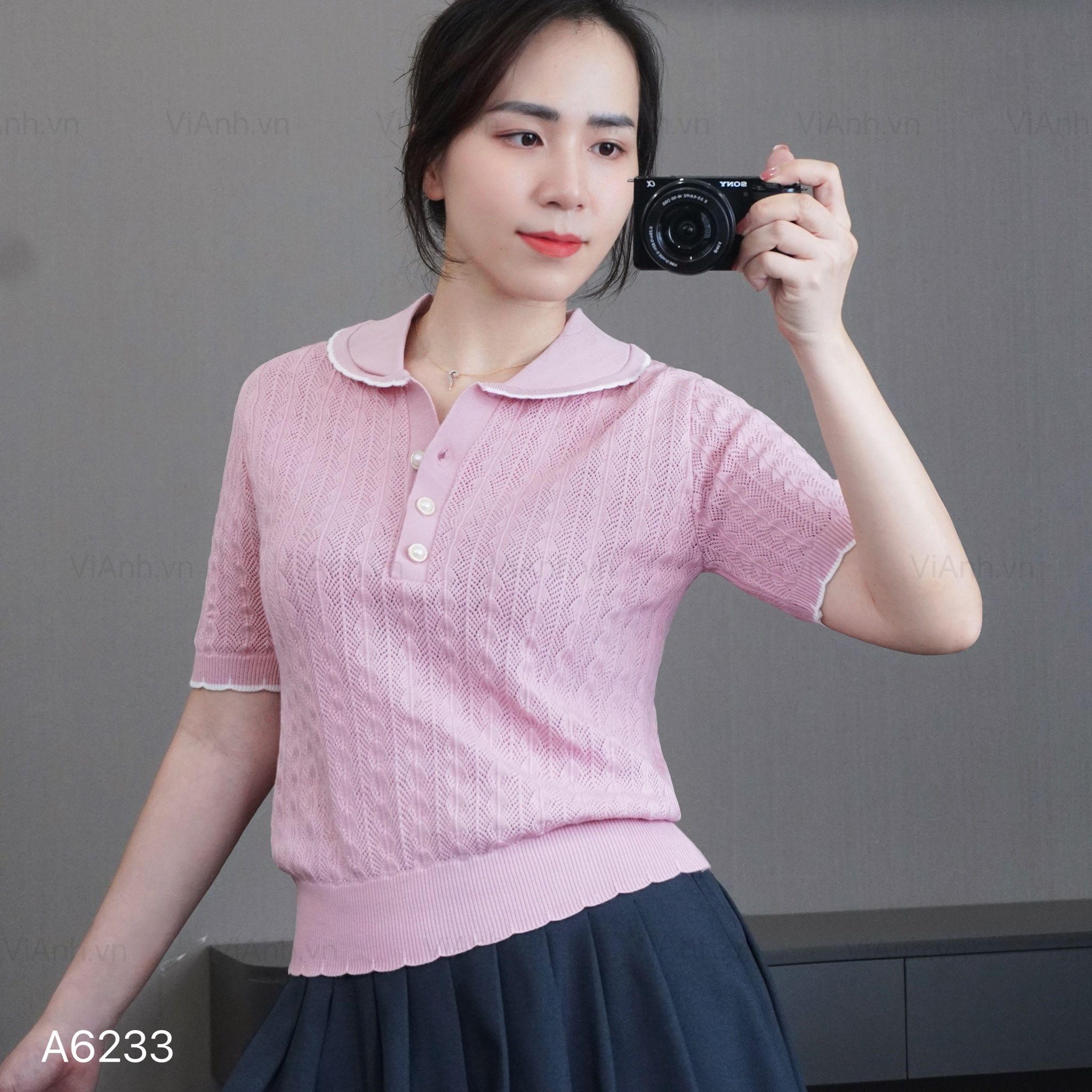 Áo A33 len có cổ style Hàn A6233 / HỒNG