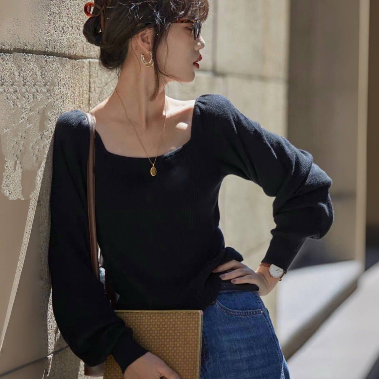 Áo len tay bồng style US UK H34 / ĐEN