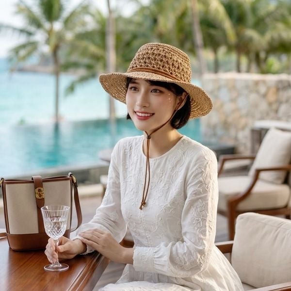 Mũ rộng vành sợi cói tổng hợp S992 / NÂU