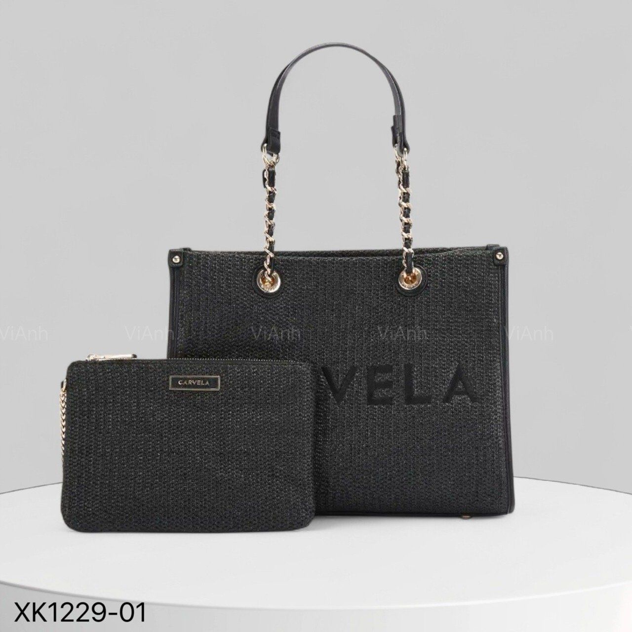 SET Totebag X29 xuất Âu chữ nhật cói thêu chữ khoác vai XK1229 / 35x27 / ĐEN
